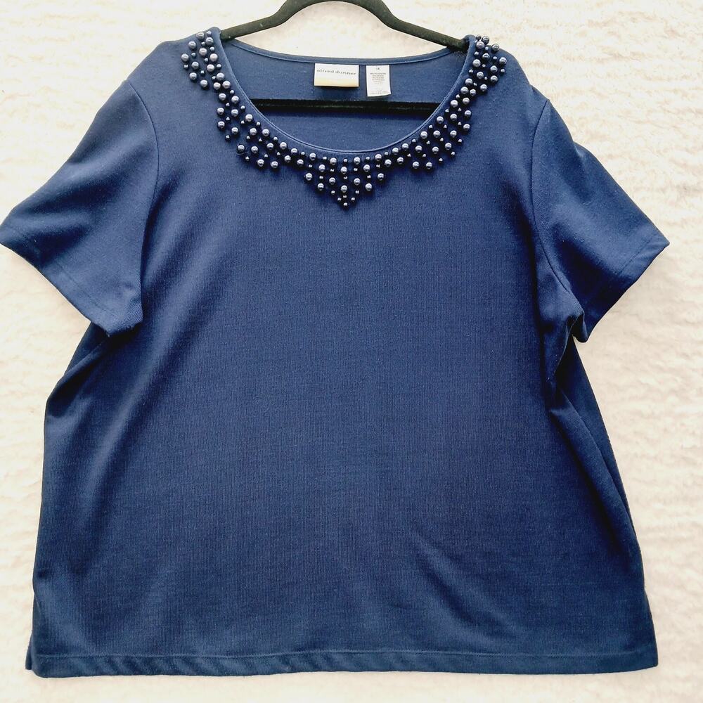 Blouse Navy Pearl Beaded Office Siren Quiet Luxury Casual Chic Romantic Size 1X